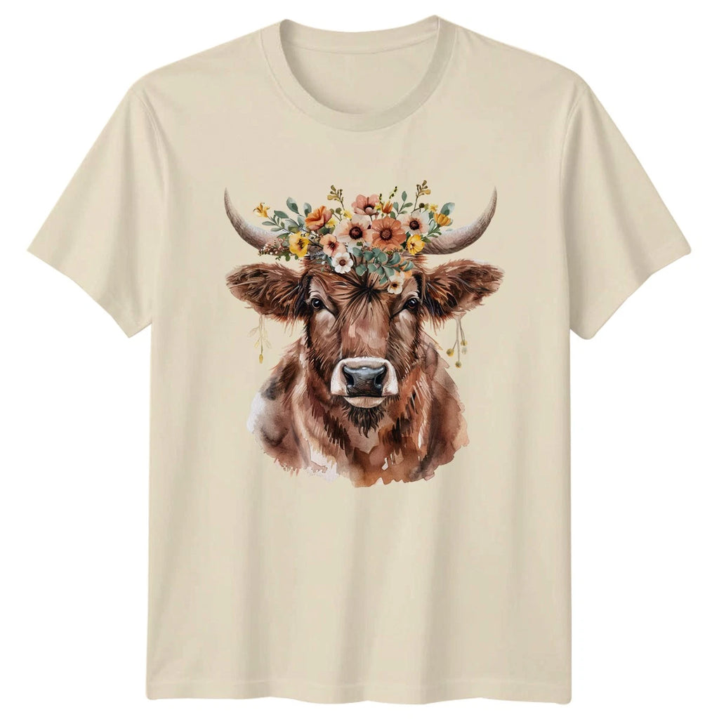 Boho Highland Cow Floral Womens T-Shirt Farmhouse Gift For Her