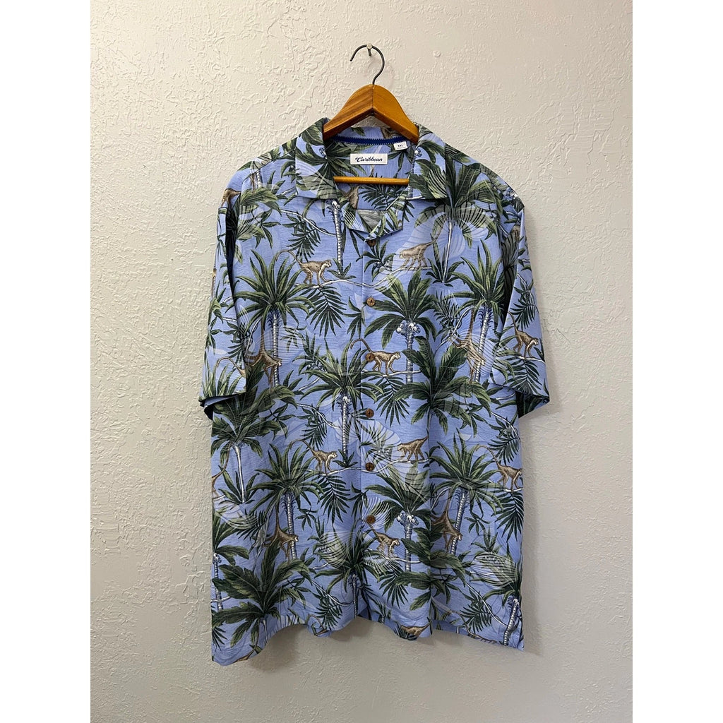 Caribbean Hawaiian Shirt Mens XXL Blue Monkey Jungle Tropical Camp Shirt Rayon