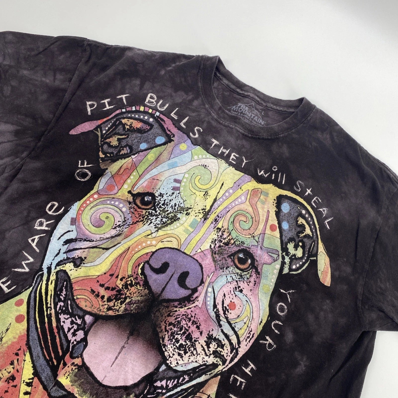 The Mountain T Shirt Mens Large Black Beware Pit Bulls Tie Dye Boho Art Dogs