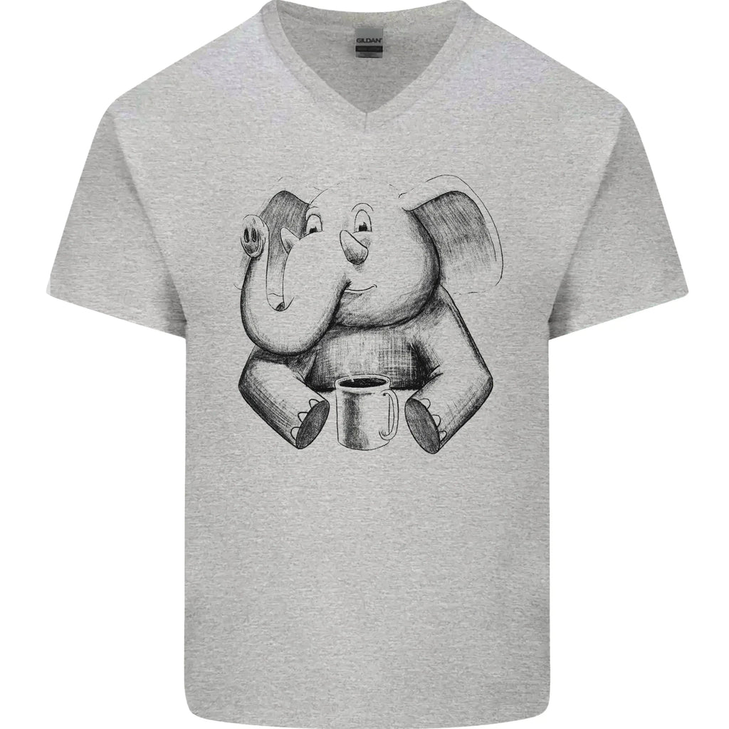 An Elephant Drinking Coffee Mens V-Neck Cotton T-Shirt