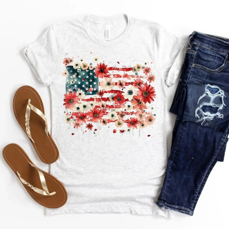 Floral American Flag Shirt Women Boho USA Patriotic 4th of July Tee