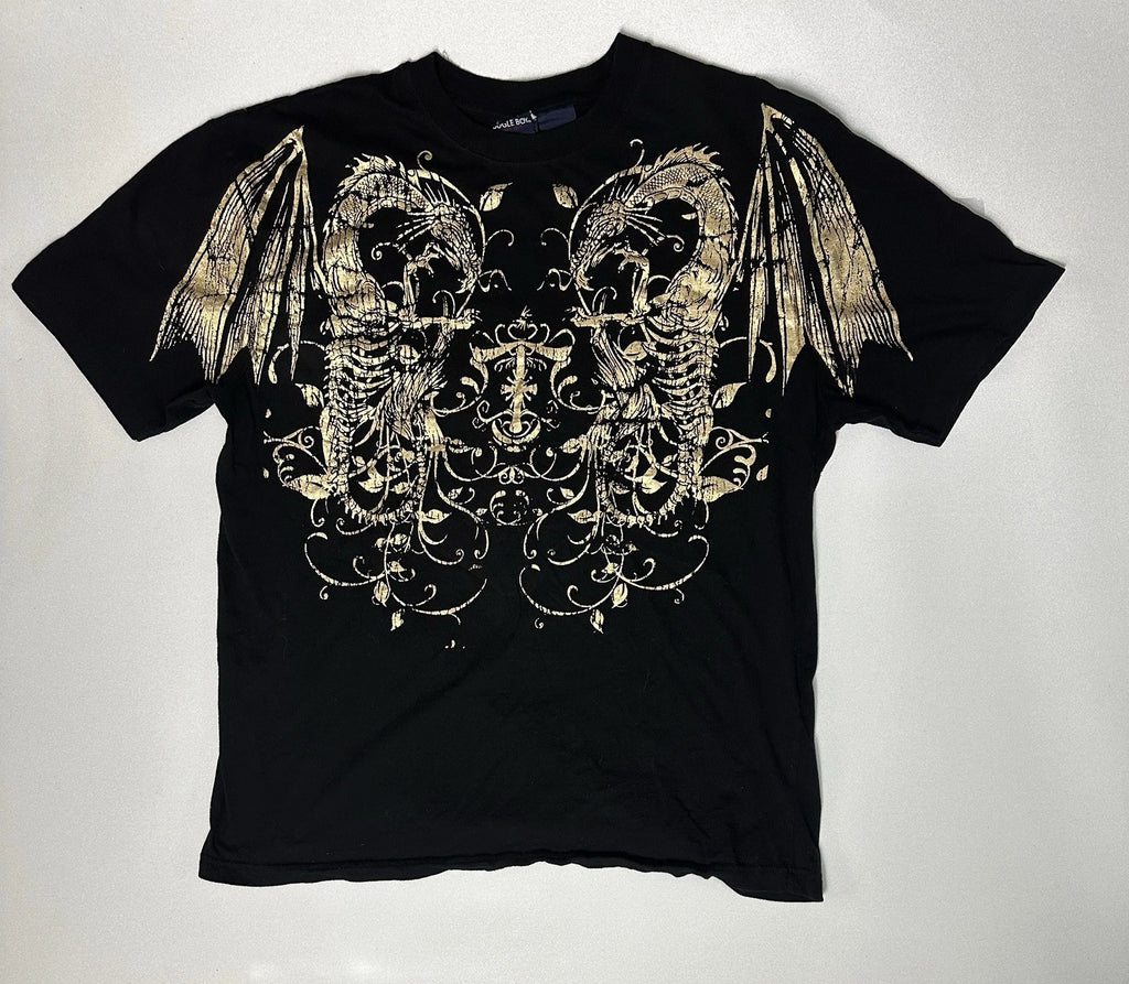 Vintage Bugle Boy Dragon T Shirt Mens XL Black Gold Graphic Y2K