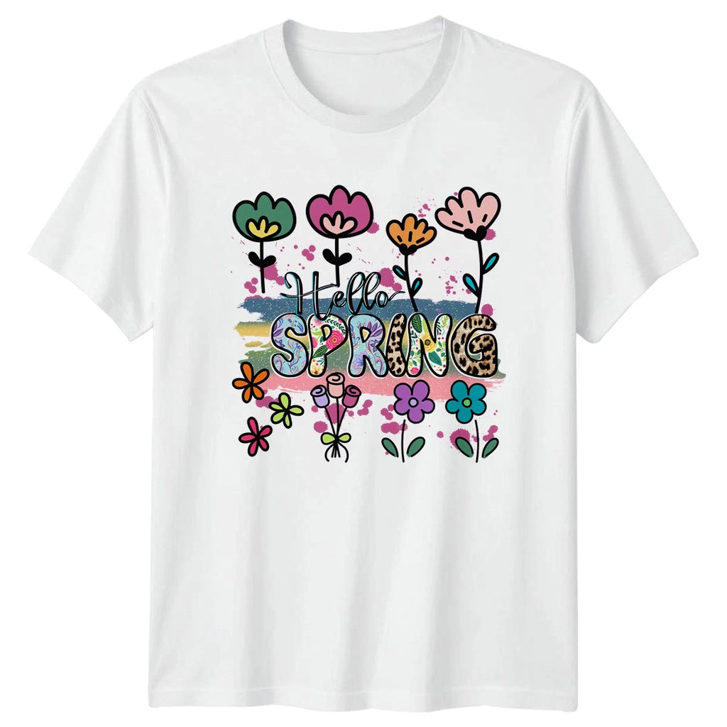 Hello Spring Womens T-Shirt Floral Leopard Print Seasonal Springtime