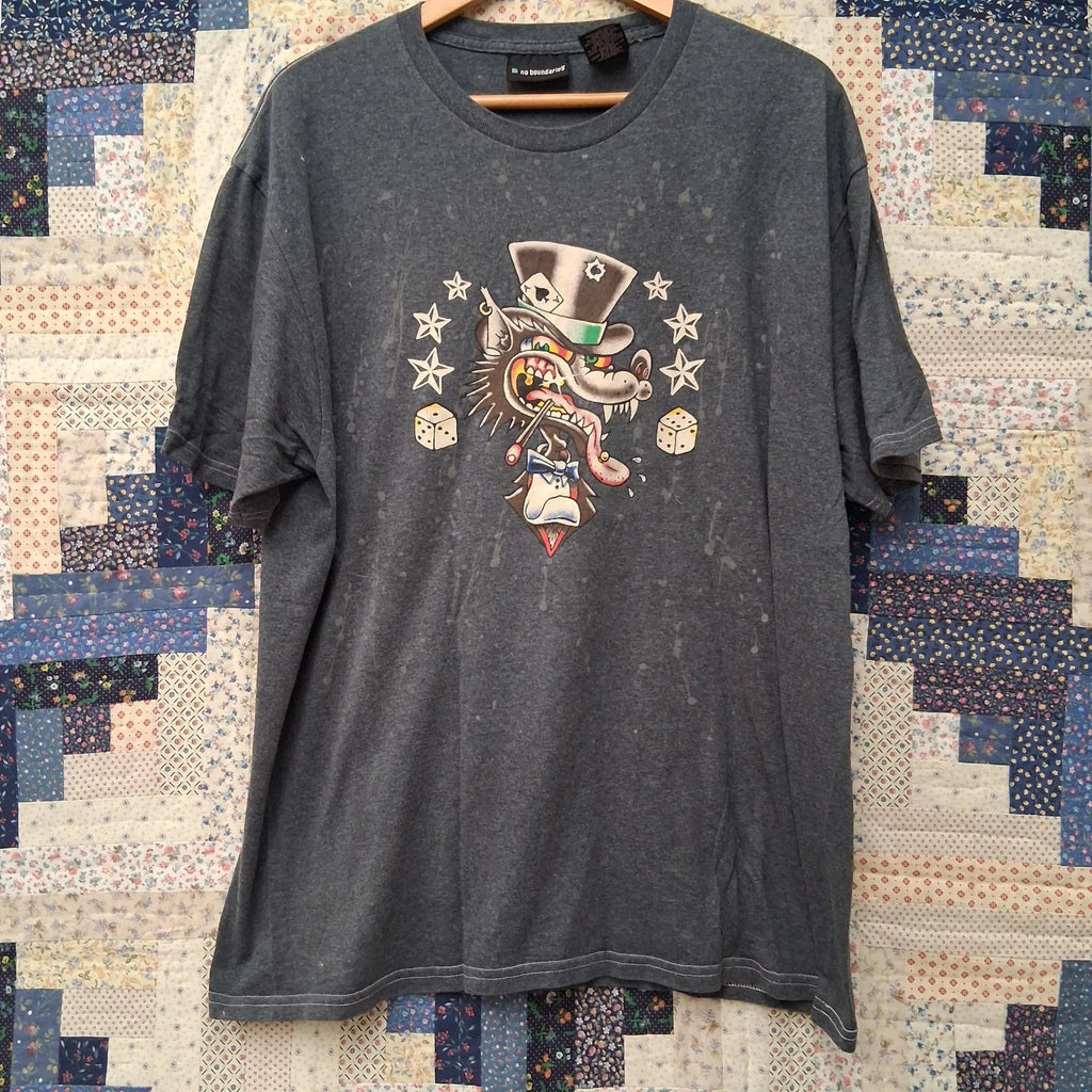 Vintage Y2K Gambling Wolf Graphic T Shirt Size XL Gray Craps Roller Tattoo
