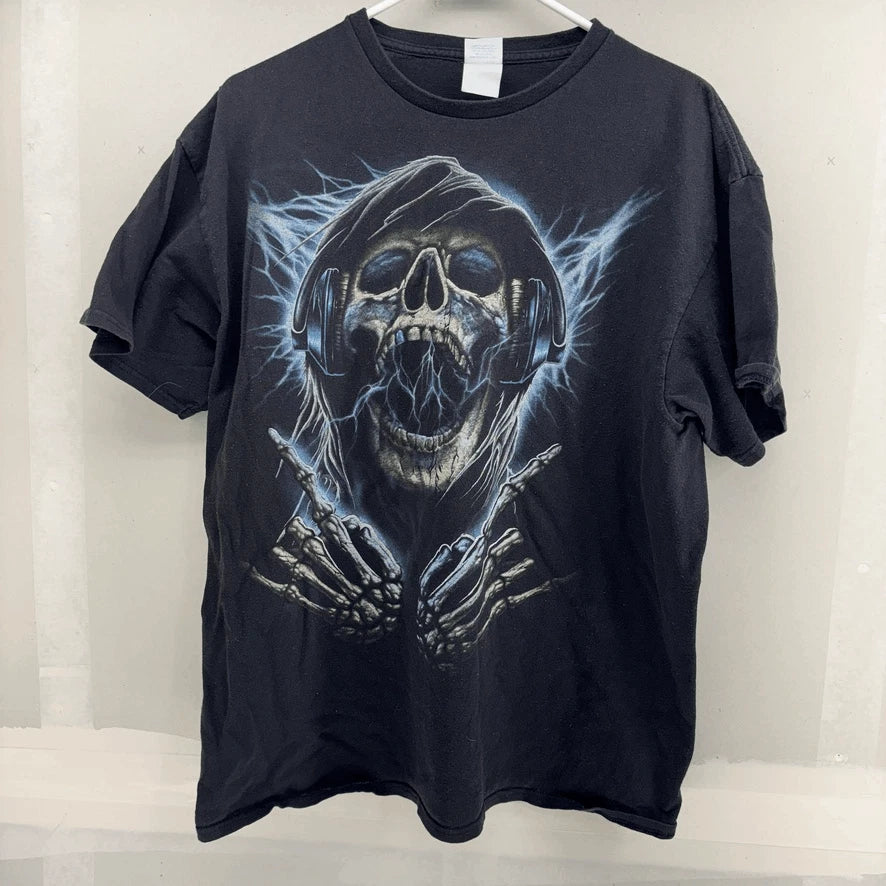 Vintage Skull Grim Reaper Headphones Shirt M Metal Rock n Roll Lightning Y2K EUC