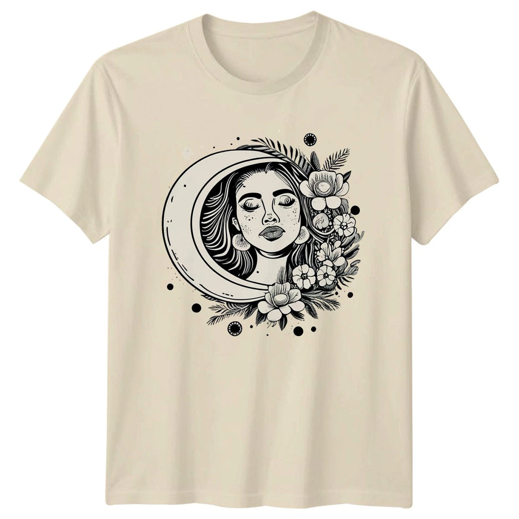 Boho Woman Crescent Moon Floral Womens T-Shirt Floral Goddess Bohemian Mystical