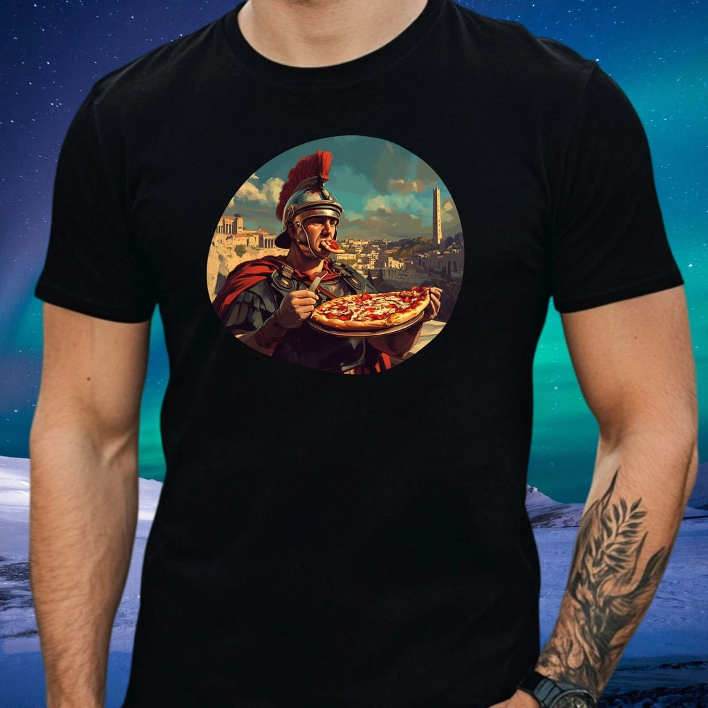 Mens Roman Soldier Eating Pizza Motif Cotton T-Shirt Size XS to 5XL