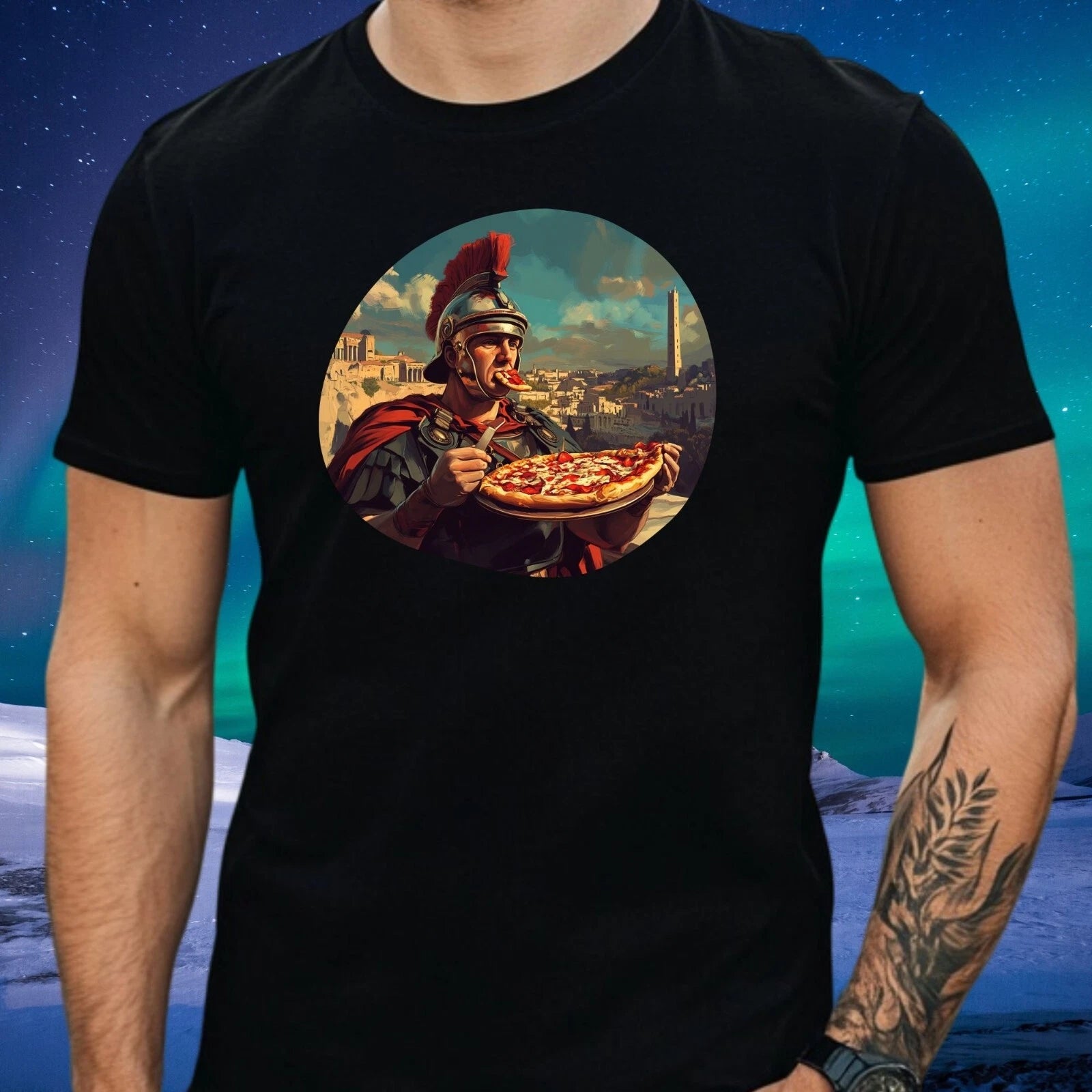 Mens Roman Soldier Eating Pizza Motif Cotton T-Shirt Size XS to 5XL