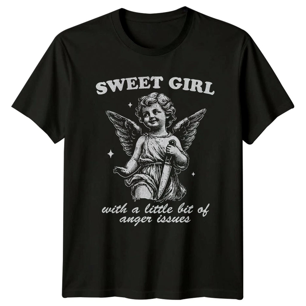 Sweet Girl With A Little Bit Womens T-Shirt Dark Humor Gothic Birthday