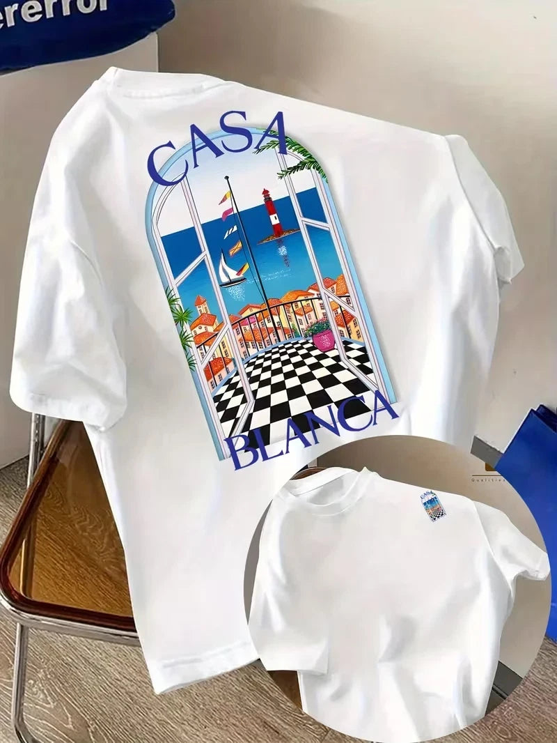 Casablanca Aesthetic Architectural Graphic T-Shirt, Casual round Neck Short Slee