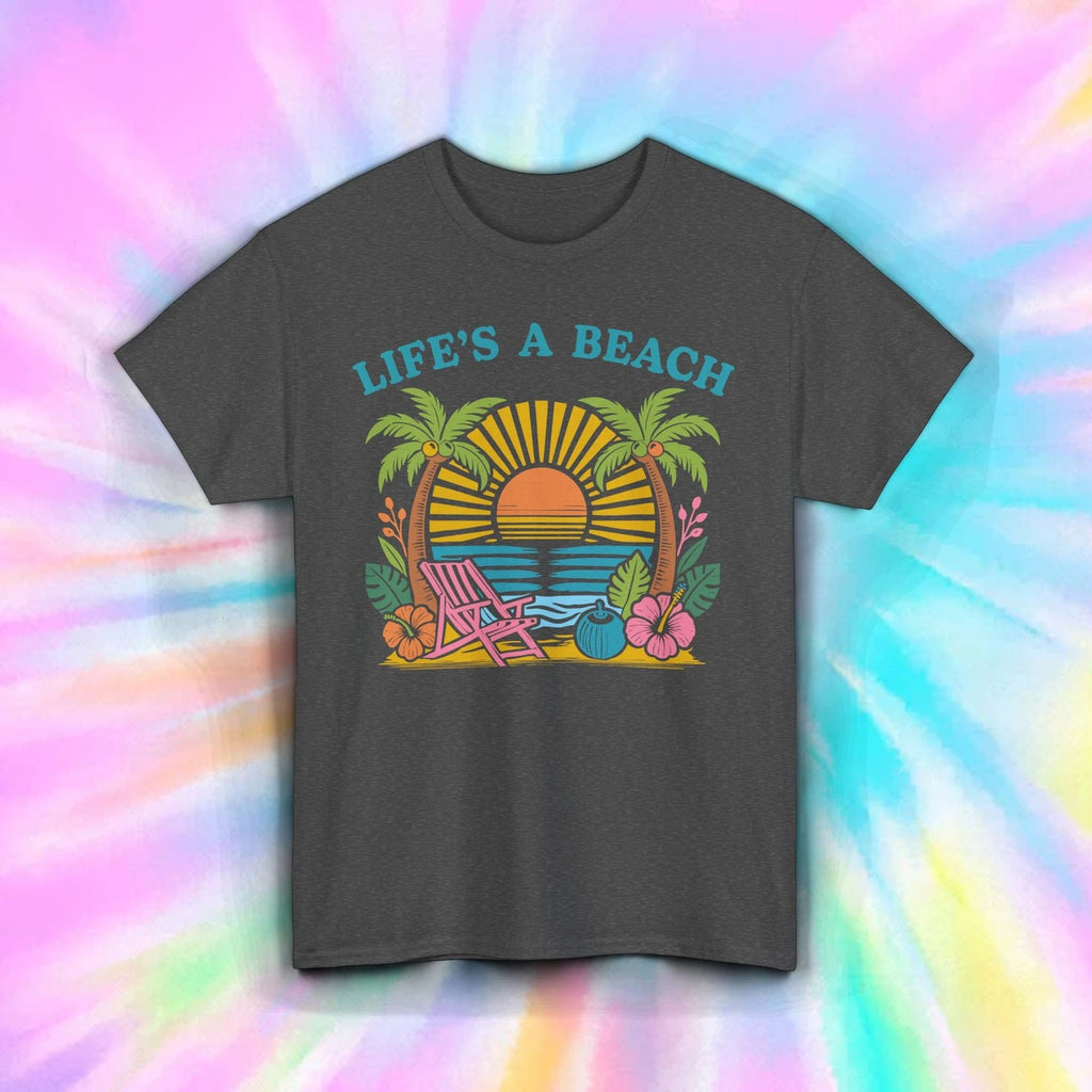 Life’s A Beach Shirt Funny Tropical Vacation Sunset Palm Summer Vibes Tee S-5XL