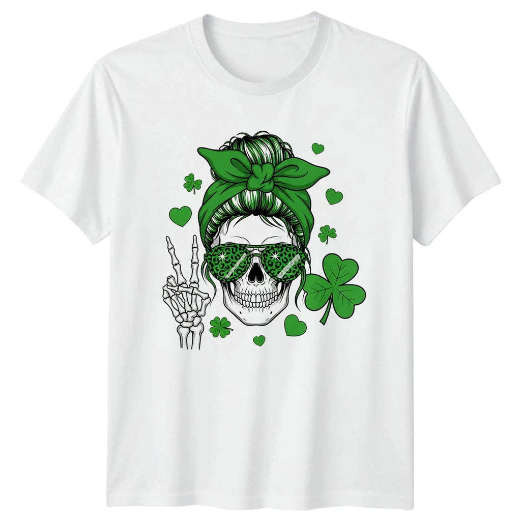 Messy Bun Skull With Shamrock Womens T-Shirt Goth St Patricks Day Holiday Gift