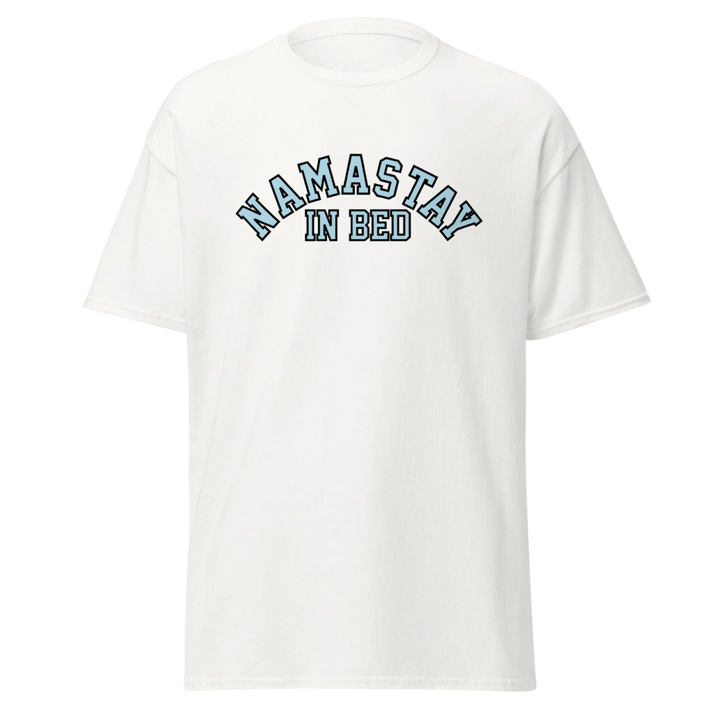 Namaste In Bed Mens Classic T Shirt Funny Yoga Humor Graphic Tee for Relaxation