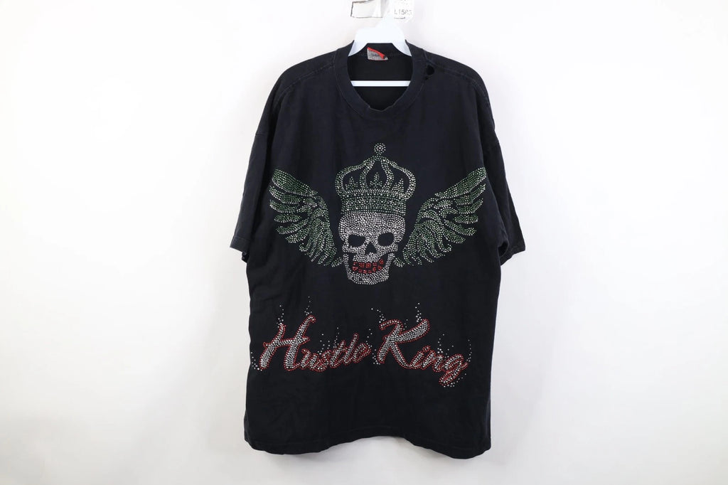 Vintage Y2K Streetwear Mens 2XL Distressed Hustle King Skull Crown T-Shirt Black