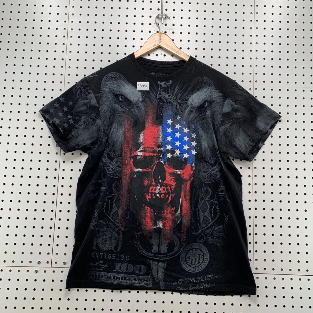 Vintage Y2k Buffalo Outdoors Aop Shirt Mens L Black All Over Print Skull
