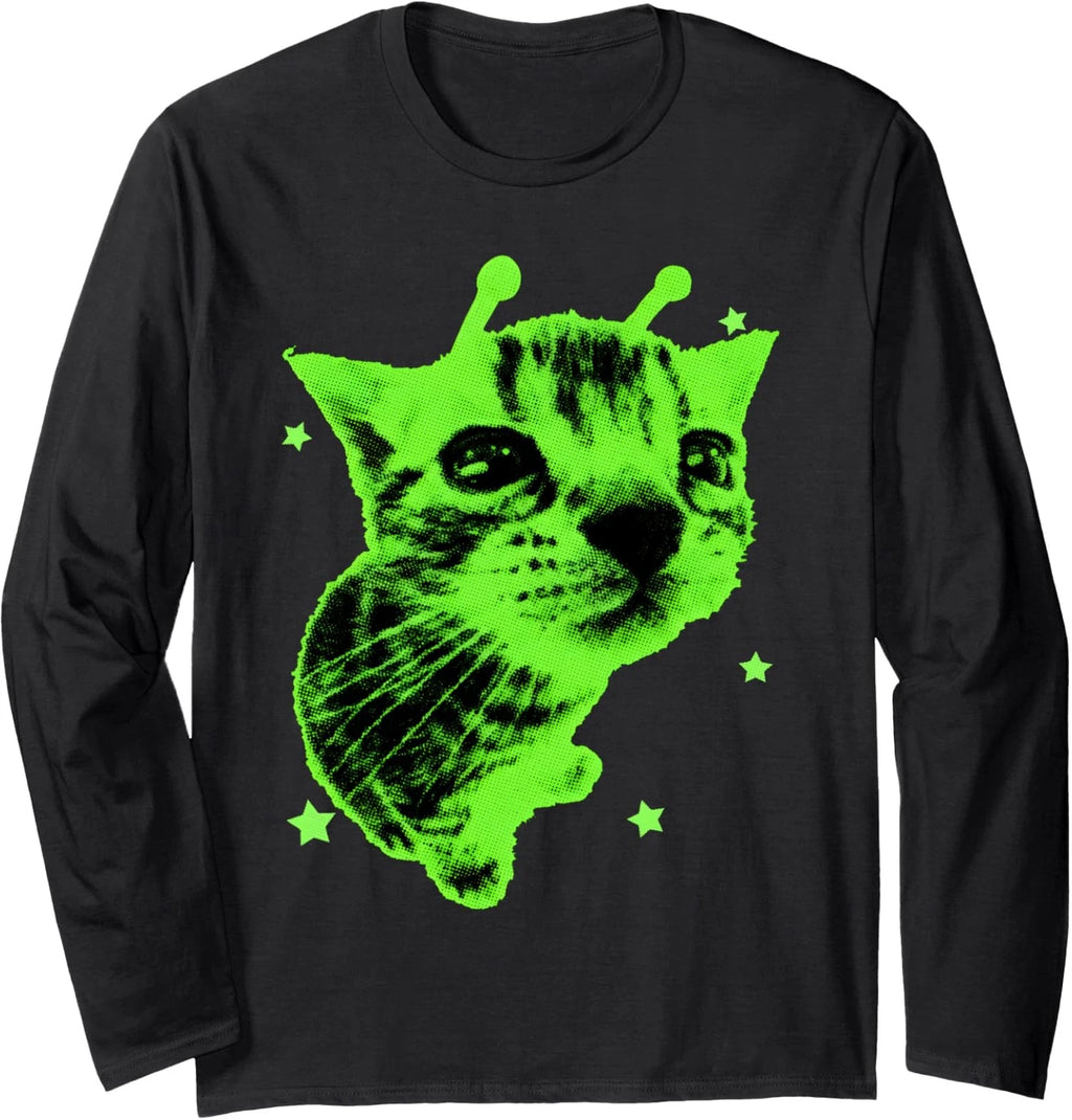 Funny Y2K Alien Cat Meme - Retro Silly Cat Design Long Sleeve T-Shirt