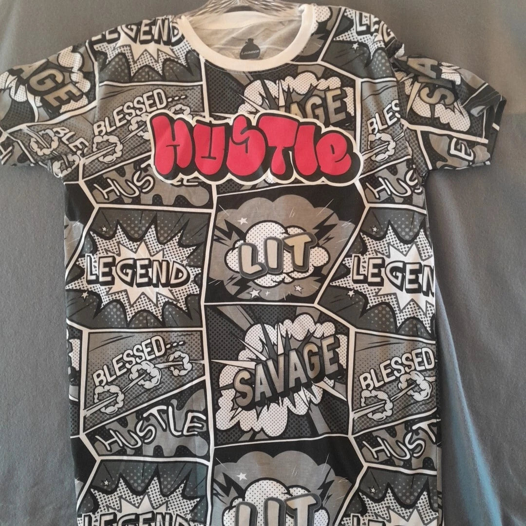 Hustle Savage Graphic Tee Comic Book Pop Art All Over Print Shirt Mens Large