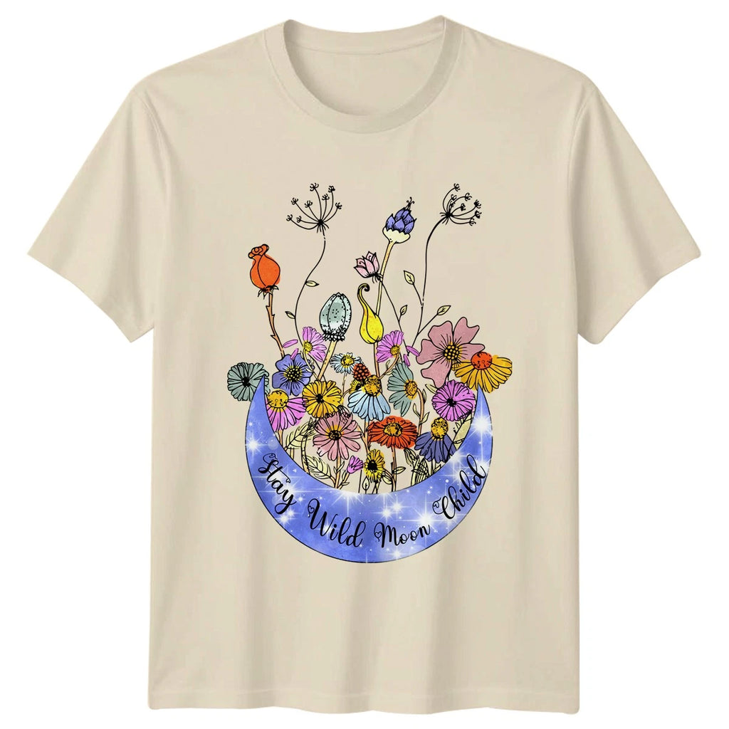 Stay Wild Moon Child Womens T-Shirt Boho Floral Nature Birthday Gift For Her