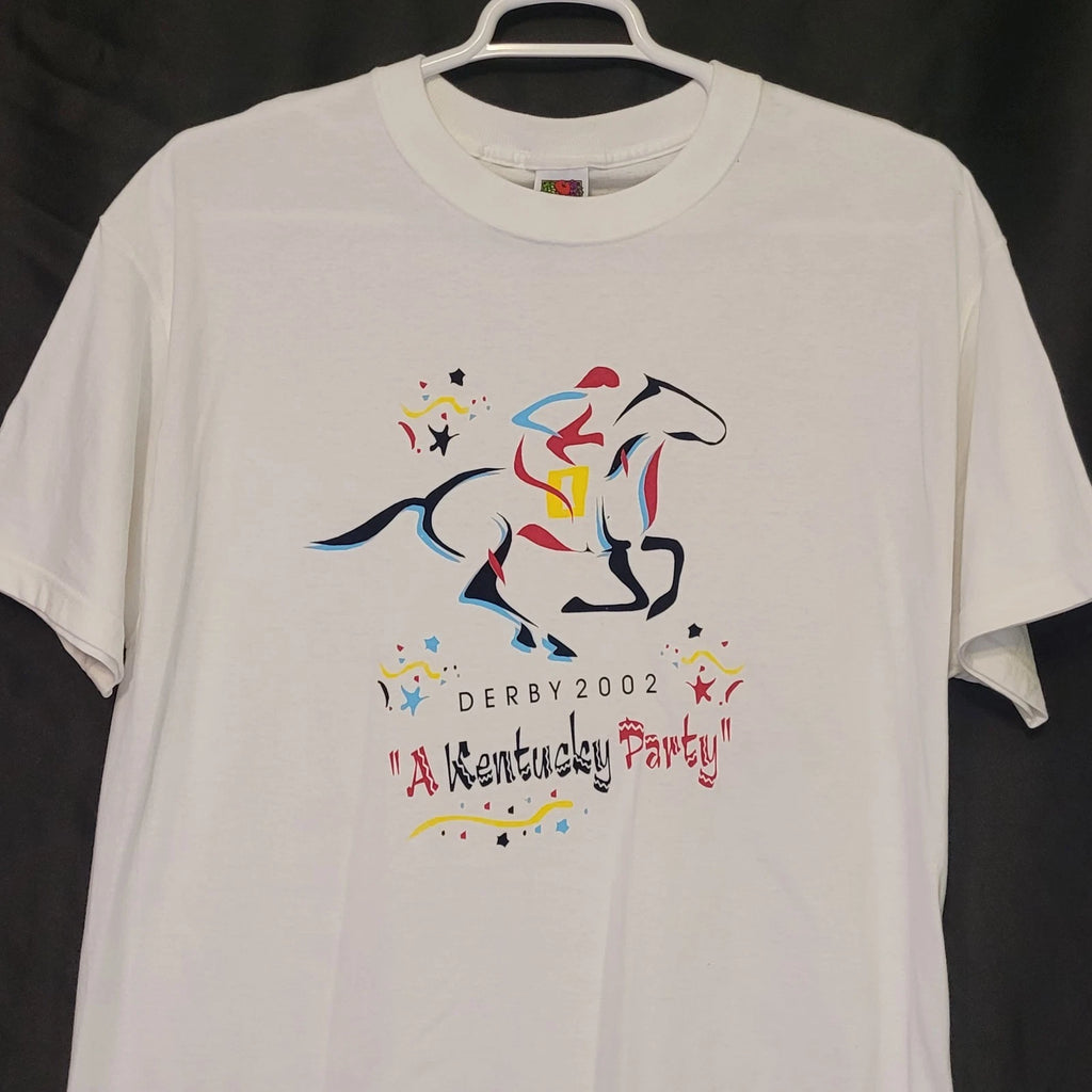VTG Derby 2002 Kentucky Party White Graphic Crew Neck T Shirt Y2K Adult XL