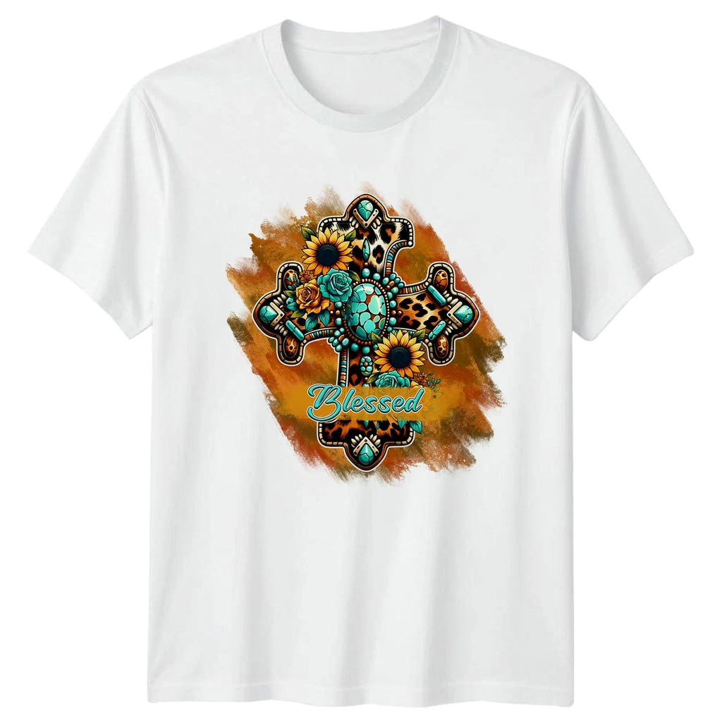 Blessed Womens T-Shirt Western Boho Cross Faith
