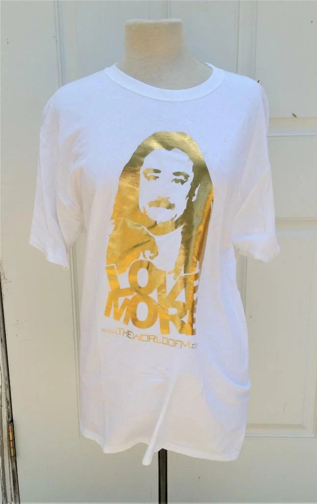 LOVE MORE T-Shirt from wwwtheworldofm White with Gold Graphics USA Made