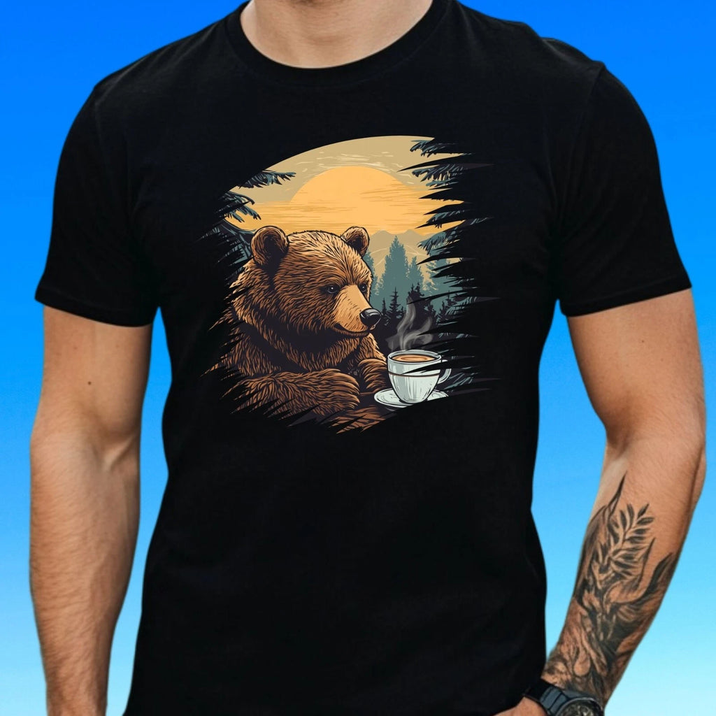 Mens Bear Drinking Coffee Motif Cotton T-Shirt Size XS to 5XL