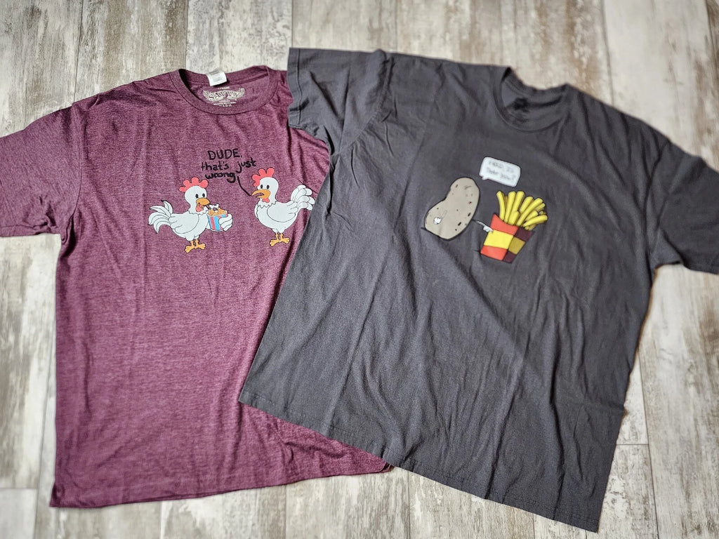 2- Mens Funny Graphic T Shirts Size XXL Chicken French Fries Comical Dad Jokes