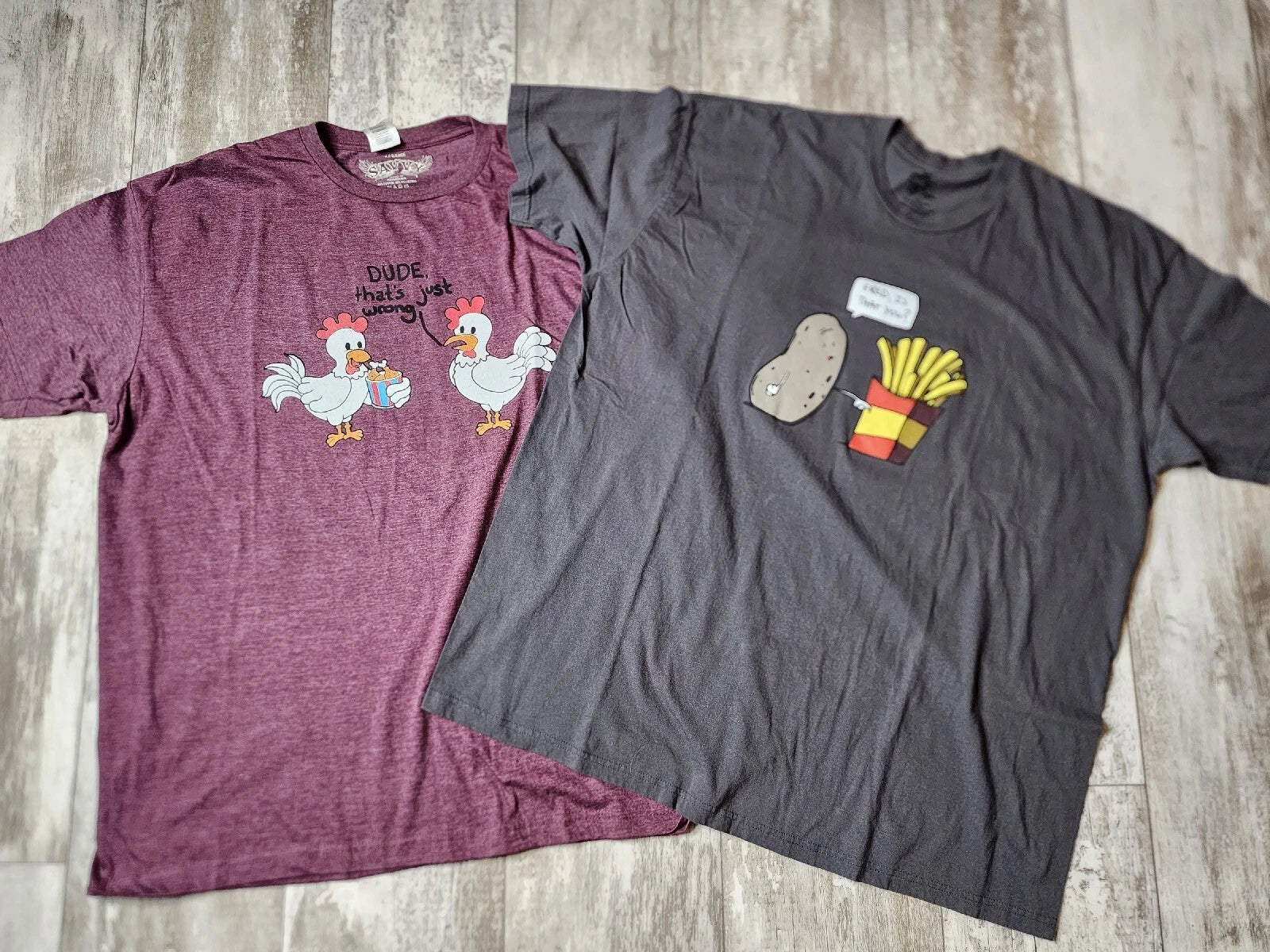 2- Mens Funny Graphic T Shirts Size XXL Chicken French Fries Comical Dad Jokes