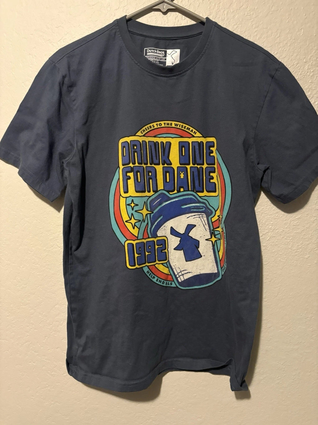 Dutch Bros Coffee Drink One for Dane T-Shirt 2025 Medium Gray/Blue Cotton