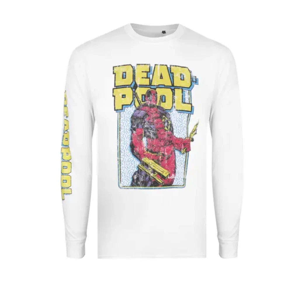 Deadpool Men's White T-Shirt Long Sleeve 90s Arm Top - New