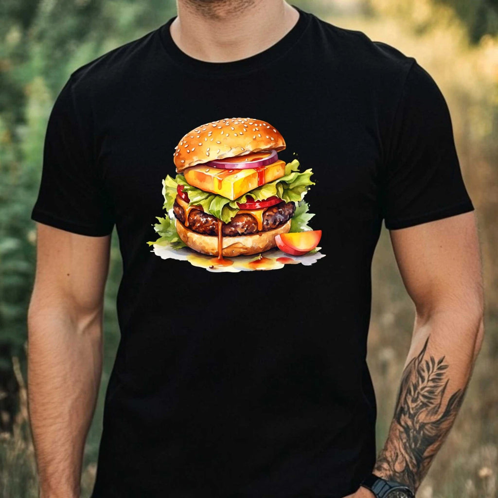 Mens Watercolour Cheeseburger Motif Cotton T-Shirt Size XS to 5XL