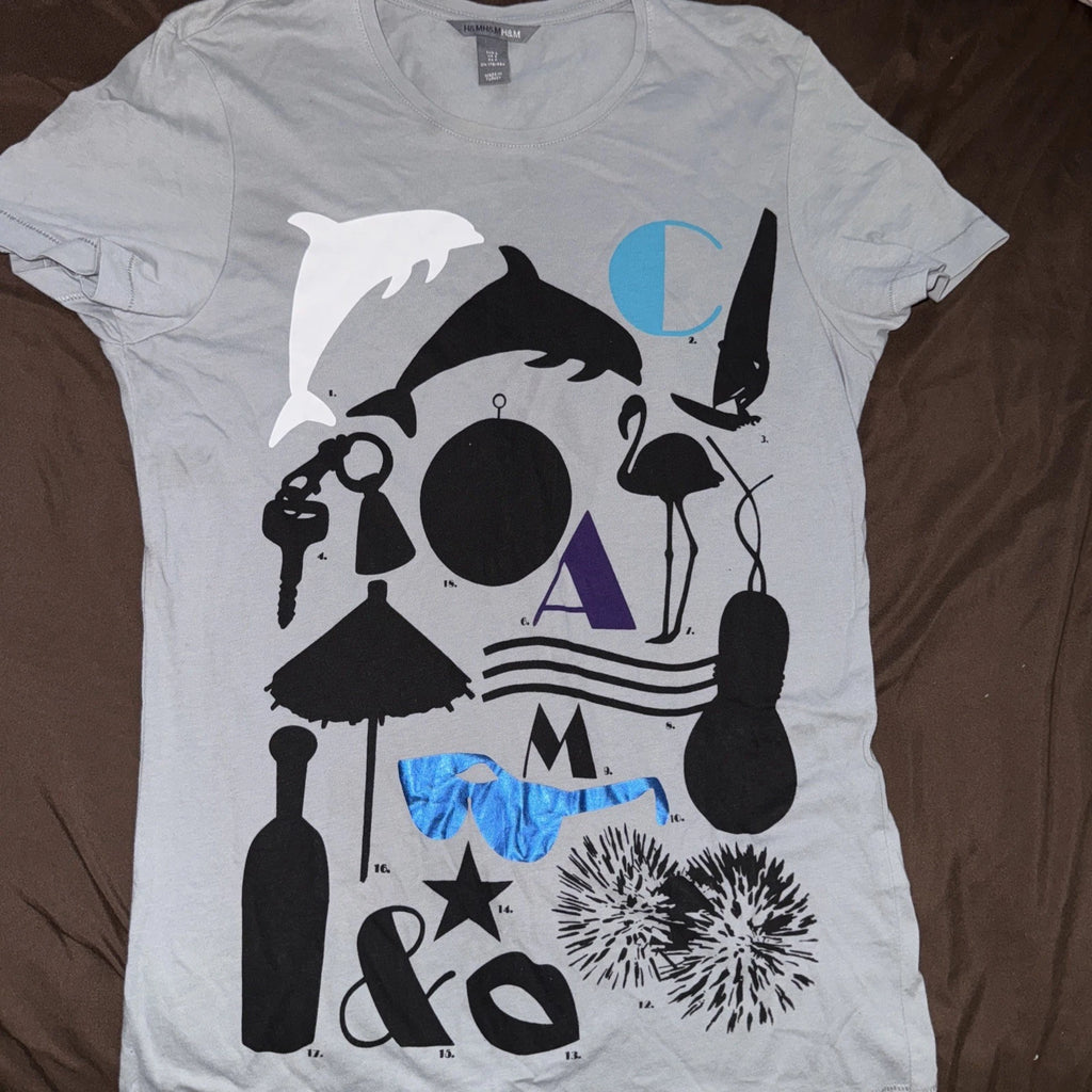 H&M T-Shirt Gray & Blue Unisex Small Dolphin Sunglasses Vacation Party Novelty
