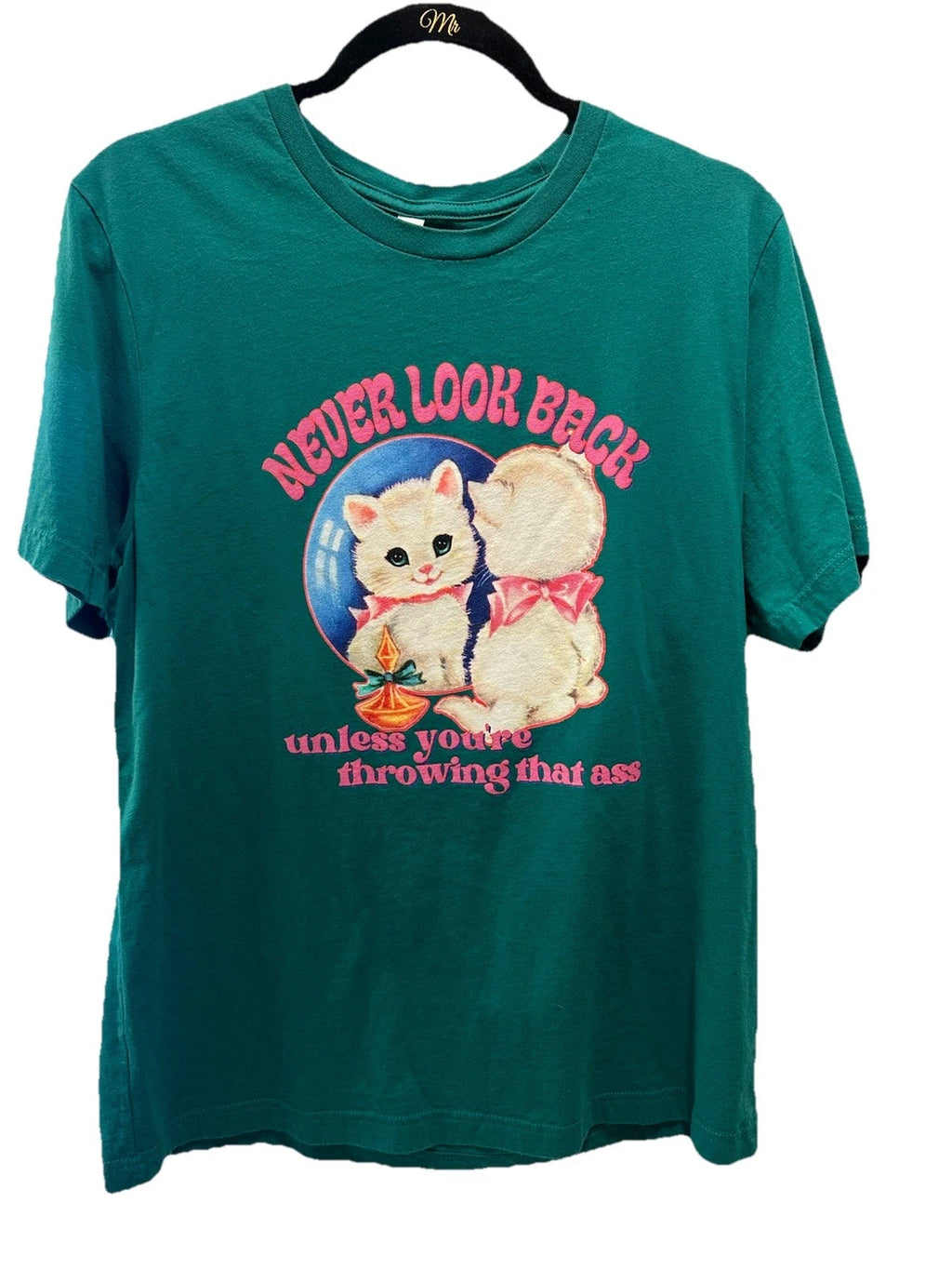 Y2k/80s Never Look Back Tshirt “Cheeky” Kitty Cat  Size L 80s Style