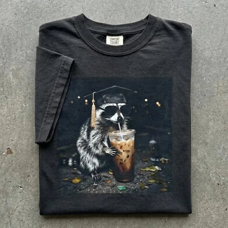 Funny PhD Graduation Raccoon Drinking Comfort Tee Grad Student Gift