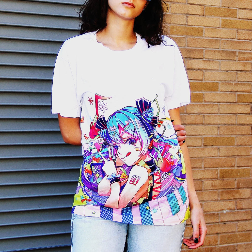 Hatsune Miku - Pop Star Sublimation Tee - Men's White T-Shirt - size S, M, L, XL