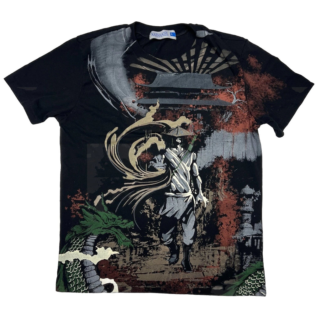 Vintage Y2K T-Shirt Black Tee Samurai  Large Nathaniel *RUNS SMALL*