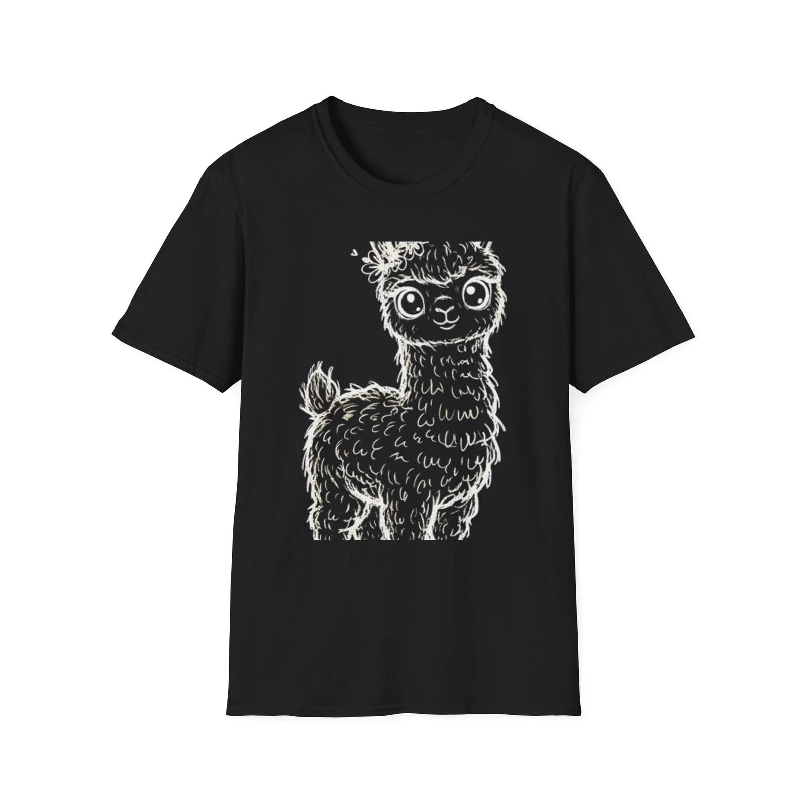 Llama Crown Floral Hand-Drawn Black Tee Cute Kawaii Graphic T-Shirt