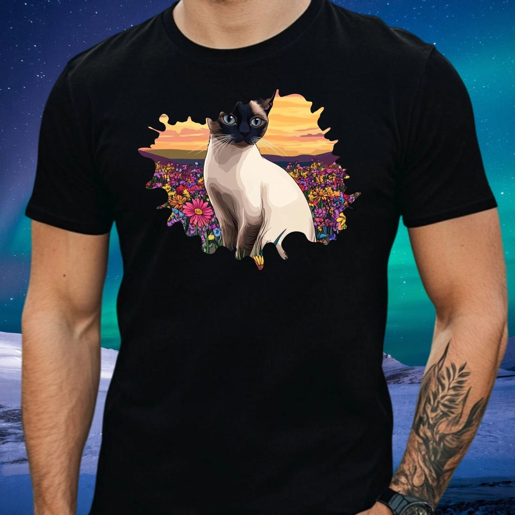 Mens Siamese Cat On Flower Field Motif Cotton T-Shirt Size XS to 5XL