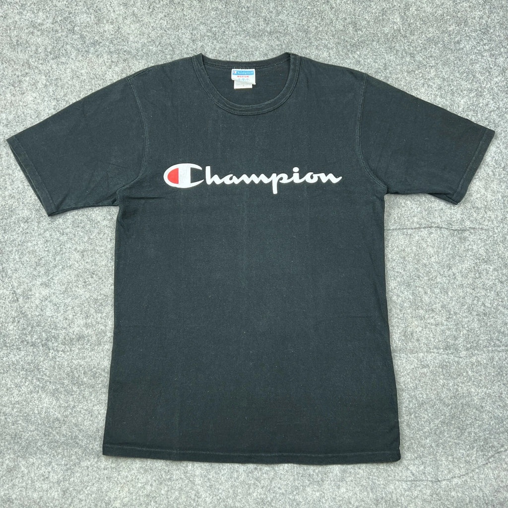 Champion Shirt Mens Medium Black Short Sleeve Cotton Tee Casual Y2K 90s
