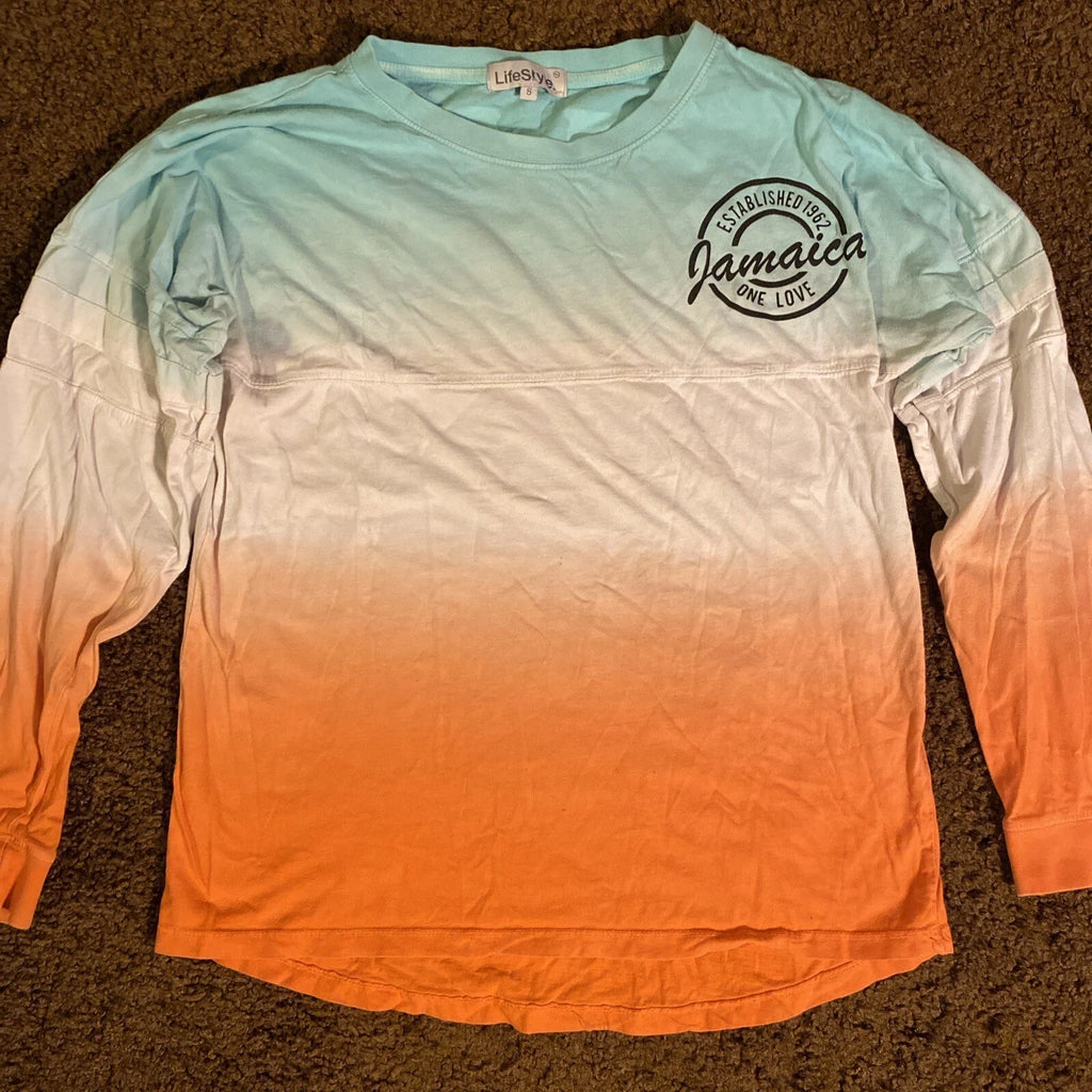 Lifestyle Jamaica T-Shirt Long Sleeve Orange Blue Mens Size Small Crew Neck EUC*