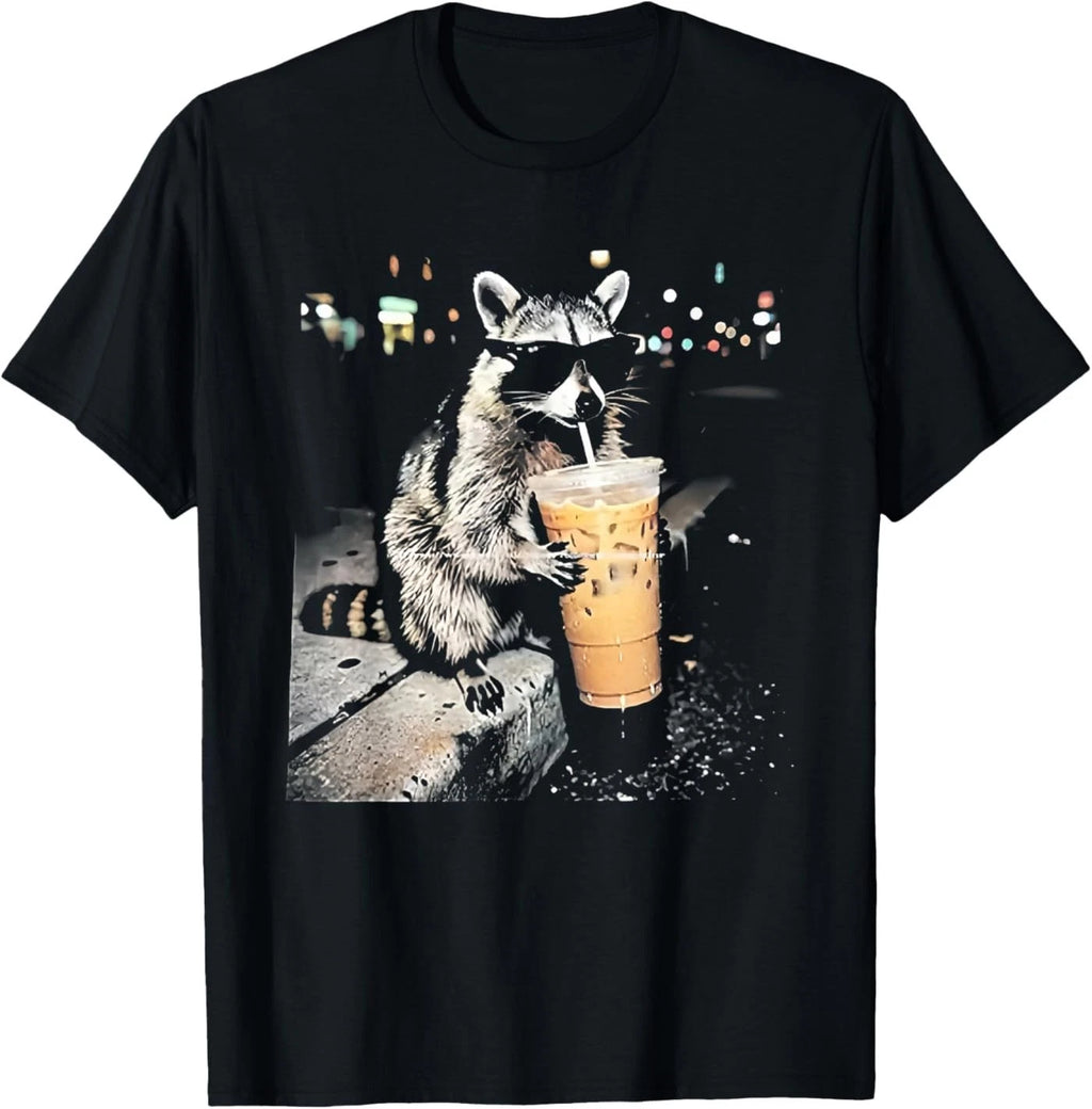 Funny Raccoon Drinking iced Coffee T-Shirt