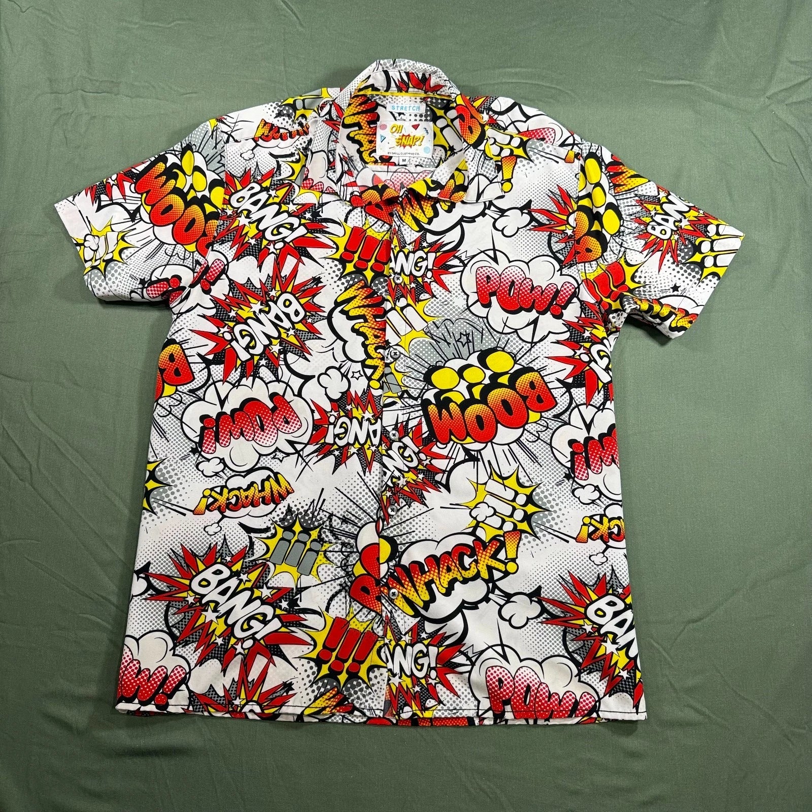 Oh Snap Drill Clothing Comic Pop Art Shirt Mens M Stretch Button Up Bang Pow