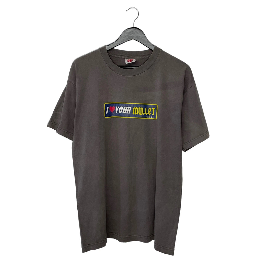 Vintage Y2K I Love Your Mullet Box Logo UK Punk T Shirt Size XL Grey