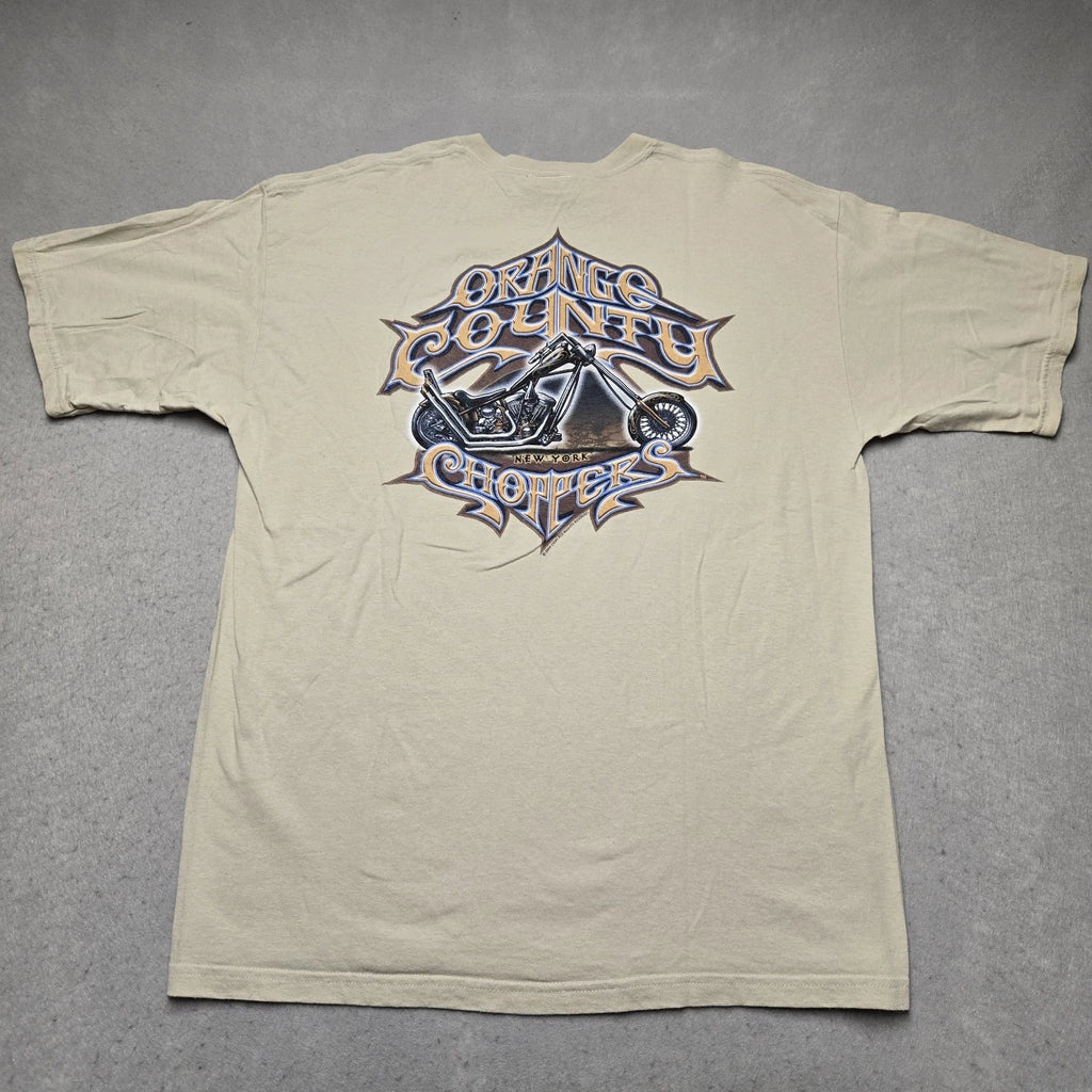 VINTAGE Orange County Choppers Shirt Tan Beige Mens XL New York Y2K