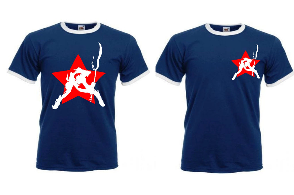 Joe strummer t shirt, the clash punk retro, mens cotton navy blue ringer punk
