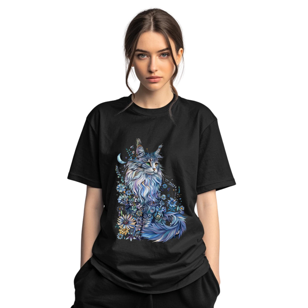 Mystical Blue Floral Cat Tee | Fantasy Cat Graphic Tee | Boho Cat Lover Gift |