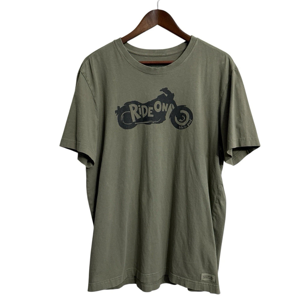 Life is Good crusher t-shirt men's large green Ride On motorcycle biker grunge