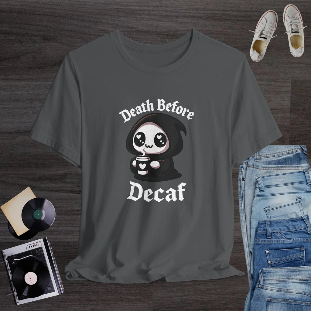 Cute Grim Reaper Coffee T-Shirt, Spooky Kawaii Goth Aesthetic Graphic Tee