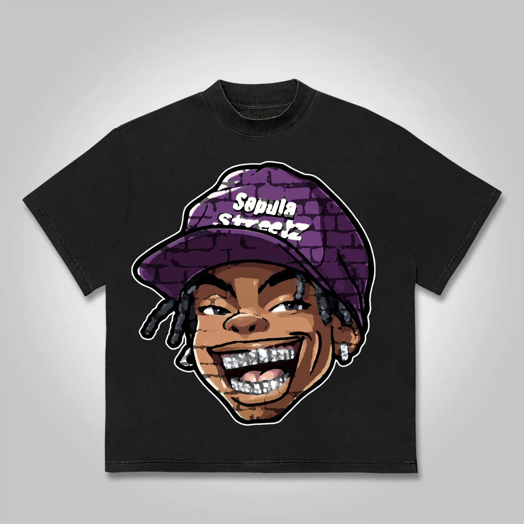 Cartoon Grillz Hat Mens Y2K Graphic T Shirt Streetwear Cotton Tee S-3XL