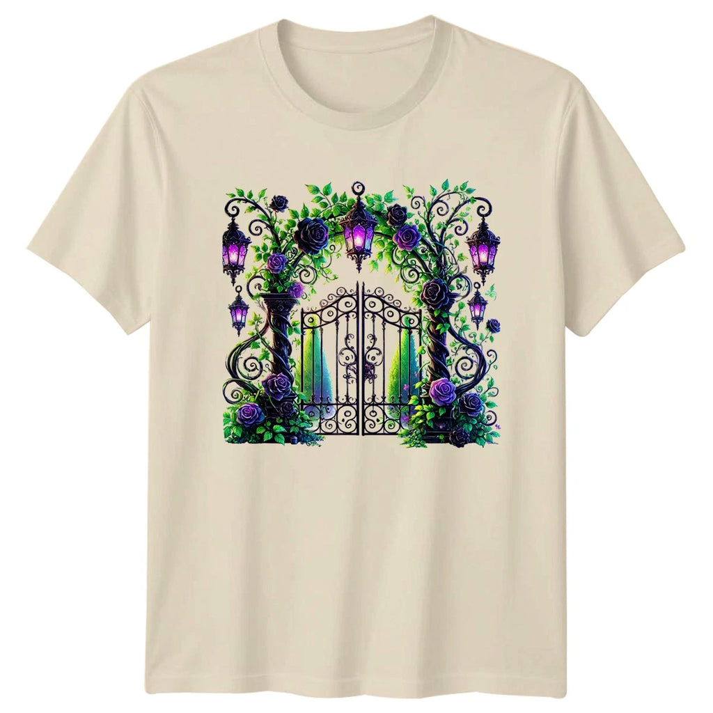 Enchanted Garden Gate Dark Roses T-Shirt Mystical Floral Garden Fantasy